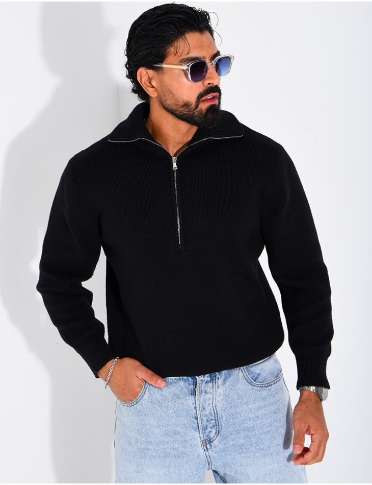 Pull côtelé à col zippé
