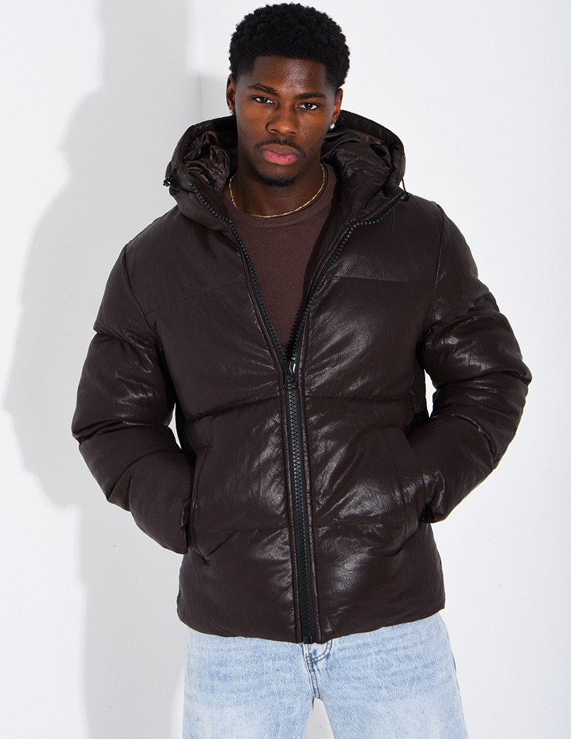 Doudoune simili cuir marron