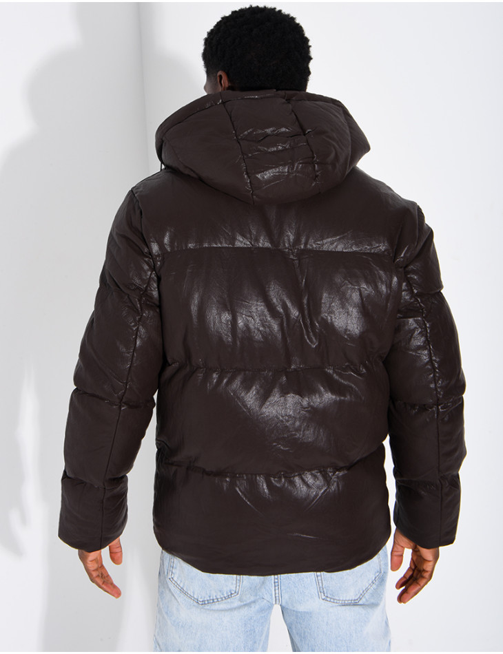 Doudoune simili cuir marron