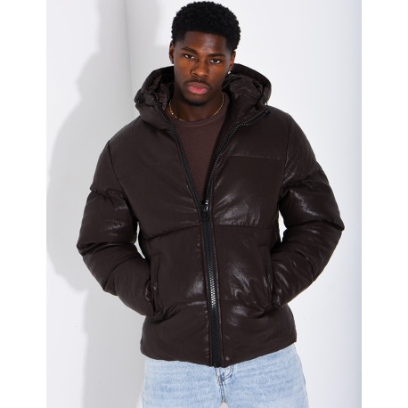 Doudoune simili cuir marron